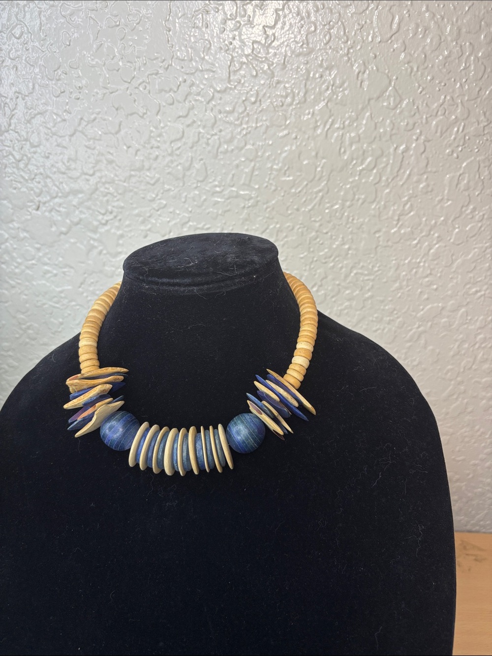 Handcrafted Blue and Natural wooden Beaded Statement  chocker